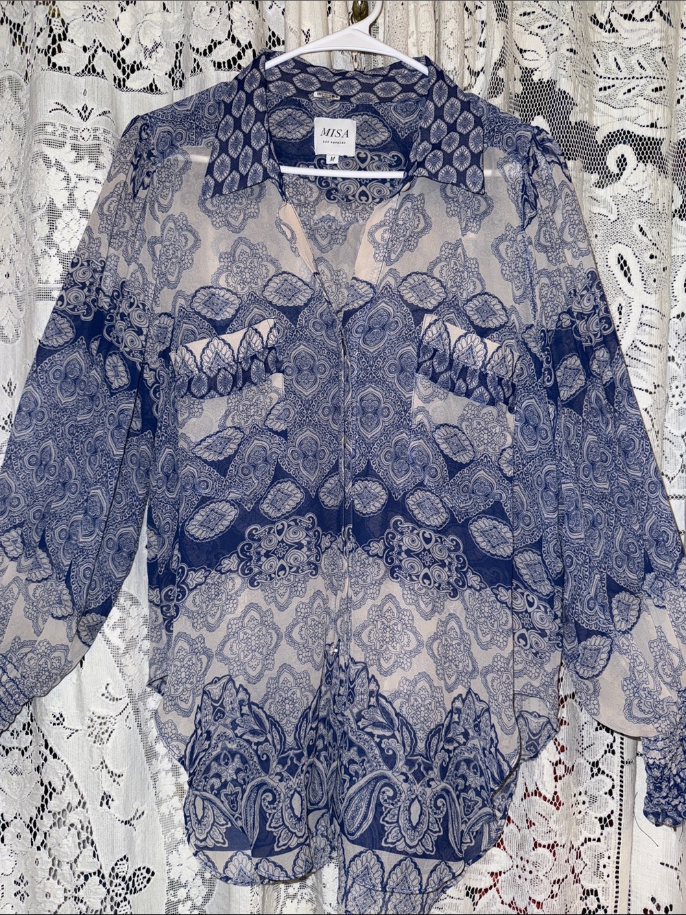 Misa Los Angeles Navy Paisley Sheer Button-Front Blouse